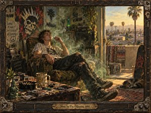 A young man lounges in a battered chair inside a cluttered 1990s punk room, surrounded by drifting smoke, tapes, posters, plants, and worn furniture. Warm sunset light pours through an open balcony toward palm-lined rooftops, blending dusty gold, olive, and faded reds. Painterly textures and a rugged metal-wood frame deepen the hazy, rebellious mood.