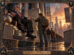 A weary worker hands money to a cigar-smoking tycoon outside a monumental financial building, while a long queue stretches toward a glowing city skyline. Warm sunset light reflects on rain-dark pavement, contrasting wealth and fatigue. Photorealistic detail, weathered stone, cash stacks, and an ornate guitar-string frame reinforce the cynical, oppressive mood.