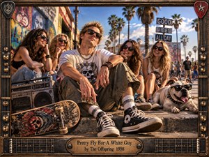 A sunlit 1990s beachside street frames a swaggering young skater lounging with friends, a boombox, skateboard, and sunglasses-wearing bulldog. Warm golds, vivid graffiti, blue sky, and palm trees create playful punk energy. Cinematic realism, crisp textures, humorous attitude, and a rugged guitar-themed frame complete the rebellious scene.