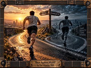 A lone runner races along a rain-slicked road split between radiant sunrise and brooding darkness, confronting a shadowed version of himself. Warm gold contrasts with cold blue-gray tones, creating urgent tension and determination. Dramatic cinematic realism, reflective pavement, distant city lights, storm clouds, and a rugged guitar-inspired frame reinforce the restless, introspective mood.