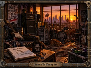 A gritty rock rehearsal studio glows in warm sunset light, overlooking a palm-lined city skyline. Guitars, amplifiers, drums, pedals, cables, notebooks, and a sleeping dog create a lived-in creative atmosphere. Deep amber highlights and cool shadows enhance the cinematic realism, framed by distressed metalwork, strings, picks, and engraved musical details.