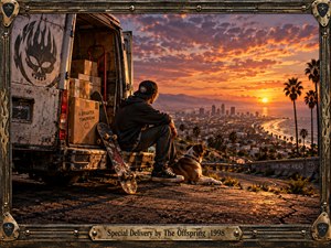 A young skater rests beside a battered delivery van and loyal dog on a hillside overlooking a glowing coastal city. Warm orange and violet sunset light creates a reflective, restless mood. Gritty textures, palm silhouettes, winding roads, stacked boxes, skateboard details, and a distressed punk-rock metal frame complete the cinematic scene.