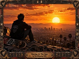A solitary skateboarder sits on a rocky overlook above a sprawling city, facing a blazing orange sunset and distant mountains. Warm golden light contrasts with his dark clothing and weathered skateboard, creating a reflective, restless mood. A distressed metal-and-guitar-string frame with skull details reinforces the gritty punk-rock aesthetic.