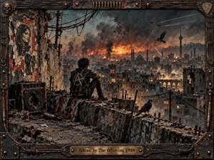A lone punk figure sits on a shattered rooftop overlooking a smoke-filled Tehran skyline at fiery dusk. Ruined buildings, tangled wires, distant domes, aircraft, and black birds heighten the tension. Rust reds, charcoal grays, bronze, and teal shadows dominate the gritty mixed-media painting, framed with distressed metal, wood, and industrial details.