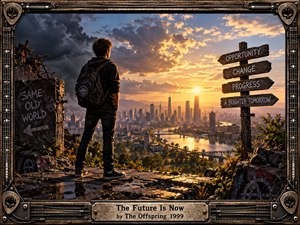 A lone young figure stands on a battered urban overlook, facing a glowing futuristic city beyond a winding river. Storm clouds yield to golden sunset, creating tense optimism. Graffiti, weathered signposts, wet stone, and industrial textures suggest rebellion and change, framed by dark metal, guitar hardware, and skull-emblem details.