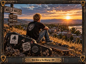 A lone punk-rock figure overlooks a small river town at glowing sunset, seated beside a worn guitar case and skateboard. Warm amber light, rugged hills, dramatic clouds, and gritty roadside details create a restless, nostalgic mood. A distressed metal-and-wood frame with guitar-pick emblems and engraved title plate completes the cinematic, handcrafted composition.