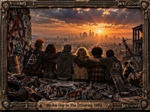 A diverse group of young punks sits shoulder to shoulder on a ruined rooftop, overlooking a hazy city at sunset. Warm orange light breaks through stormy clouds, contrasting with dark clothing, graffiti, rubble, a skateboard, and a watchful dog. A distressed metal frame reinforces the gritty, rebellious, unified mood.