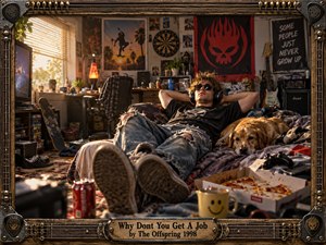 A carefree young man lounges beside his dog in a cluttered punk-rock bedroom filled with guitars, posters, a skateboard, games, pizza, and scattered belongings. Warm golden sunlight cuts through the lively mess, creating a humorous, rebellious mood. Rich textures, cinematic realism, and a distressed guitar-themed frame reinforce the late-1990s alternative-rock atmosphere.