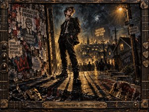 A defiant young man stands beneath amber streetlights in a rain-darkened neighborhood, framed by torn posters, distant silhouettes, and glowing city lights. Deep blues, rusted golds, and black dominate the gritty mixed-media scene, while crowns, puppet-like shadows, industrial hardware, and distressed textures suggest ambition, manipulation, rebellion, and uneasy triumph.
