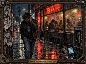 A solitary punk-styled young man walks through a rain-soaked city street outside a glowing bar, turning away from blurred figures behind fogged windows. Red-orange neon reflects across dark pavement, contrasting with cold blue shadows. Gritty mixed-media textures, torn posters, wet glass, a payphone, and distressed framing deepen the wounded, defiant mood.