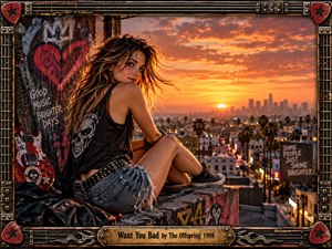 A rebellious young woman sits on a graffiti-covered rooftop overlooking a palm-lined city at sunset, surrounded by punk-rock details and a battered red guitar. Warm orange light contrasts with deep shadows, distressed metal framing, and urban textures. The cinematic digital artwork feels playful, defiant, romantic, energetic, and distinctly late-1990s.