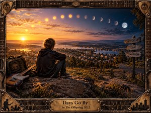 A solitary young figure sits above a sprawling town at sunset, guitar resting nearby as daylight fades into moonlit night. Warm golds transition into deep blues beneath a sweeping sky, suggesting passing time and reflection. Weathered rock, winding roads, symbolic signs, and a rugged guitar-themed frame create a cinematic, nostalgic atmosphere.