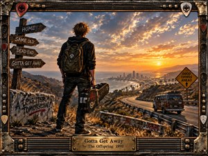 A lone young traveler stands above a winding coastal highway, clutching a battered guitar case as sunset burns across the ocean and distant city. Warm golds, dusty browns, and deep blacks create restless urgency. Weathered signs, graffiti, road barriers, and an amplifier-inspired metal frame reinforce the gritty punk-rock atmosphere.