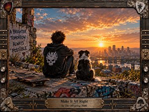 A solitary young man and his dog overlook a sprawling city at sunset from a graffiti-covered ruin, with a worn skateboard nearby. Warm orange and gold light breaks through dramatic clouds, balancing gritty urban decay with quiet hope. A distressed guitar-themed metal frame and engraved title plate complete the cinematic, handcrafted composition.