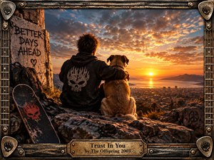 A lone figure sits beside a loyal dog on a rocky overlook, watching a fiery sunset spread across a coastal city. Warm golds contrast with deep shadows, creating a reflective, hopeful mood. Gritty photorealism, weathered punk details, a skateboard, graffiti, and a distressed guitar-inspired frame reinforce themes of trust and perseverance.