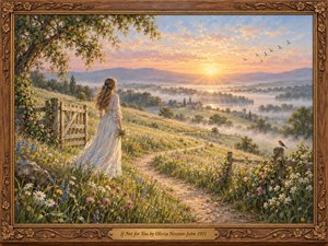 A woman in a flowing ivory dress overlooks a sunlit countryside valley, surrounded by colorful wildflowers and rustic fences. A winding path leads toward misty hills beneath a golden pink sunrise. Soft oil brushwork creates warmth and romantic tranquility, while an ornate carved wooden frame and engraved brass title plate complete the scene.