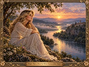 A contemplative blonde woman in a flowing ivory lace dress overlooks a winding river at sunset. Golden reflections illuminate misty mountains, wildflowers, and a distant hillside village. Warm pink and amber skies create a romantic, nostalgic atmosphere. Intricate floral bronze framing completes this richly detailed, cinematic painting.