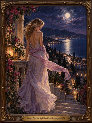 A windblown woman in a flowing lavender gown overlooks a moonlit coastal city from a flower-draped stone terrace. Indigo skies, silver water, distant golden lights, and glowing lanterns create a tender, wistful atmosphere. Rich oil-painted textures and an ornate dark wood and brass musical frame complete the romantic scene.