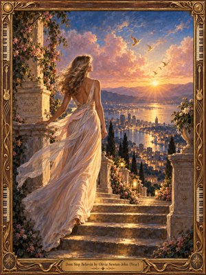 A blonde woman in a flowing ivory gown stands on flower-lined stone steps above a glittering coastal city. Golden sunrise spills across distant mountains beneath rose-colored clouds and soaring birds. Rich, romantic oil painting textures and an ornate gilded musical frame create a hopeful, nostalgic atmosphere of resilience and possibility.