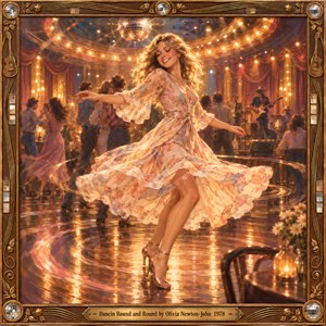 A smiling blonde woman twirls in a flowing floral dress across a glowing 1970s dance floor. Golden lights and a mirrored disco ball illuminate blurred dancers and a distant band. Circular reflections create joyful motion in this romantic, painterly scene, enclosed by an ornate carved wooden frame with brass details.