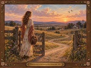 A wistful woman in a flowing ivory dress stands beside an open farm gate, gazing across golden fields toward a glowing sunset. A winding road, distant farmhouse, and two birds evoke longing and possibility. Warm peach and lavender skies illuminate textured oil brushwork, enclosed by a carved floral wooden frame.