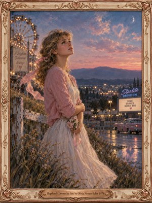 A wistful young woman in a flowing ivory dress gazes toward a lavender sunset above a nostalgic drive-in theater. Glowing carnival lights, distant hills, and rain-slick pavement create a romantic atmosphere. Soft oil brushwork, rose-gold framing, delicate flowers, and pastel twilight colors evoke longing, devotion, and bittersweet memories.