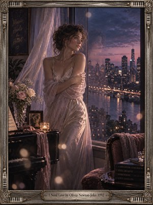 A wistful woman in flowing ivory satin gazes across a twilight cityscape from an elegant apartment window. Soft mauve curtains, delicate roses, candlelight, and a piano create romantic intimacy. Cinematic photographic lighting blends violet, champagne, and midnight blue tones, while glowing reflections and an ornate silver musical frame evoke longing and tenderness.