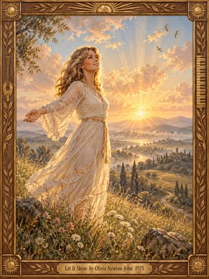 A radiant blonde woman in a flowing ivory dress embraces the golden sunrise above a flower-filled hillside. Soft peach clouds, distant mountains, winding valleys, and soaring birds create a serene, hopeful atmosphere. Rich oil painting textures and luminous highlights glow within an ornate wooden frame adorned with gilded musical motifs.