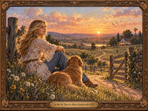 A serene oil painting captures a blonde woman and her golden dog overlooking rolling countryside at sunset. Wildflowers, rustic fences, a winding lane, and a distant farmhouse glow beneath peach and lavender clouds. Warm golden light evokes tenderness, companionship, and peaceful devotion, enclosed within an ornate carved wooden musical frame.