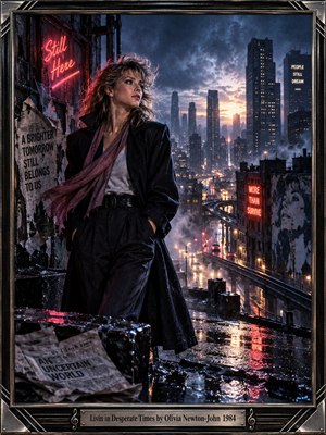 A windswept woman in a dark coat overlooks a rain-soaked 1980s city, her expression reflecting uncertainty and determination. Crimson neon, amber headlights, and steel-blue skyscrapers glow beneath storm clouds. Torn posters, drifting mist, and shimmering reflections create cinematic tension, while distant sunlight suggests hope. An engraved metallic frame completes the composition.