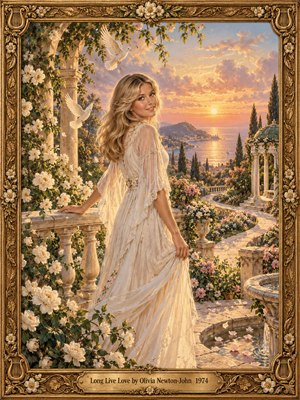 A smiling blonde woman in a flowing ivory gown stands on a rose-covered terrace overlooking a glowing coastal bay. White doves soar through peach and lavender skies, while winding paths lead toward a classical pavilion. Soft painterly textures, golden sunset light, and an ornate gilded floral frame evoke timeless romantic optimism.