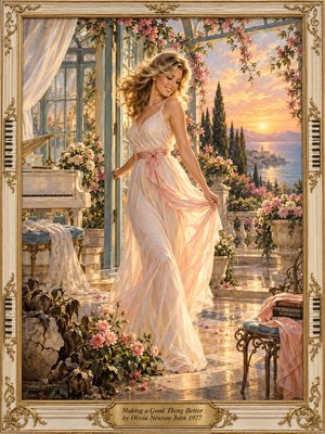 A smiling blonde woman in a flowing ivory gown steps onto a flower-filled Mediterranean terrace. Golden sunset illuminates pink roses, turquoise doors, a white piano, and distant shimmering water. Romantic, hopeful oil painting captures delicate textures, graceful movement, and warm pastel colors within an ornate ivory-and-gold musical frame.