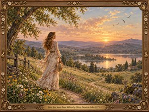 A serene woman in a flowing floral dress overlooks a sunlit valley, winding path, and shimmering lake. Golden sunset clouds, distant hills, wildflowers, and soaring birds create a peaceful atmosphere. Soft oil painting textures and warm pastel colors evoke 1970s nostalgia, enclosed within an ornate carved wooden frame with brass accents.