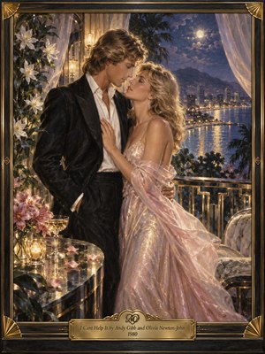 A glamorous couple embraces on a moonlit balcony overlooking a shimmering coastal city. Golden candlelight illuminates their faces and her flowing pink gown against deep blue skies. Flowers, champagne, and drifting petals enhance the tender atmosphere. Romantic oil painting textures glow within an ornate black and gold Art Deco frame.