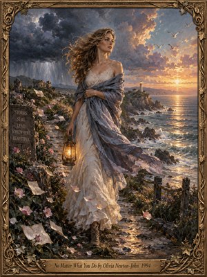 A windswept woman in a flowing ivory dress and blue shawl holds a glowing lantern along a rocky coastal path. Dark storm clouds yield to golden sunset light above crashing waves and a distant lighthouse. Scattered petals, wildflowers, and soaring birds enrich this romantic oil painting, framed in ornate bronze.