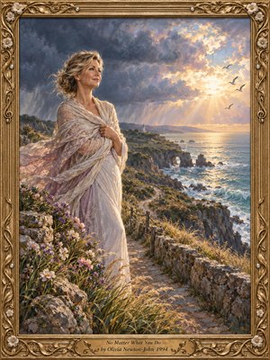 A windswept woman in a flowing ivory shawl stands beside a flower-lined coastal path, gazing toward sunlight breaking through storm clouds. Golden rays illuminate turquoise waves, distant cliffs, seabirds, and a tiny lighthouse. Romantic oil brushwork, muted lavender shadows, and an ornate floral gold frame convey steadfast hope and tenderness.