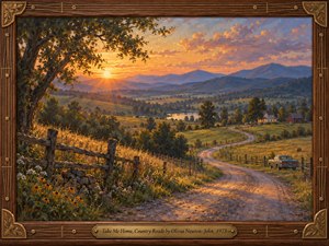 A winding country road curves through golden fields toward a warmly lit farmhouse beneath distant blue mountains. Wildflowers, rustic fences, and a vintage car evoke peaceful nostalgia. Glowing sunset skies blend amber, rose, and lavender across the detailed oil painting, surrounded by an ornate wooden frame with brass accents and engraved title plate.