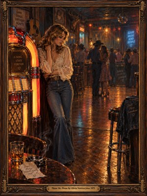 A wistful woman in a cream blouse leans beside a glowing red jukebox in a smoky 1970s dance hall. Couples sway beneath amber lights while teal shadows shimmer across polished wooden floors. Rich oil brushwork, scattered keepsakes, and an ornate carved wooden frame deepen the scenes tender, lonely nostalgia.