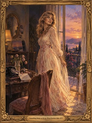 A wistful woman in a flowing floral gown stands beside an open balcony overlooking a lavender and golden sunset. Warm lamplight illuminates a nostalgic 1970s interior with a rotary telephone, letters, and fading roses. Rich oil painting textures, romantic shadows, and an ornate gilded musical frame evoke bittersweet reflection and renewal.