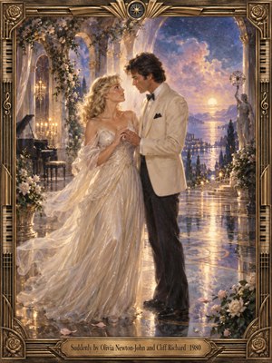A blonde woman in a flowing ivory gown and a dark-haired man in a white tuxedo share a tender gaze on a moonlit terrace. Golden reflections shimmer across marble beneath flowering arches, while lavender clouds glow over distant water. Romantic oil painting textures and an ornate bronze musical frame evoke timeless enchantment.
