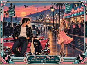 A leather-jacketed young man and a woman in a swirling pink skirt exchange glances across a bustling seaside boardwalk. Sunset washes the ocean in coral and gold as neon diner signs and a Ferris wheel glow. Rich teal shadows, vintage screen-print textures, and an ornate chrome jukebox frame evoke playful summer nostalgia.