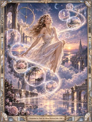 A graceful woman in flowing ivory drifts above a celestial city, surrounded by luminous memory bubbles and swirling ribbons of light. Pastel lavender, rose, and gold illuminate floating arches, reflective waters, and a suspended clock. This romantic digital fantasy captures timeless longing within an ornate Art Deco musical frame.