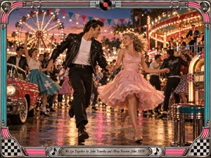 A jubilant young couple dances hand in hand through a glowing 1950s fairground, surrounded by swirling skirts, vintage cars, and laughing friends. Ferris wheel lights sparkle against a violet sunset, reflecting across rain-slick pavement. Cinematic photography blends warm amber, pink, and turquoise within an ornate chrome jukebox frame.