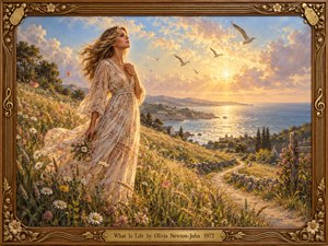 A windswept woman in a flowing floral dress stands amid sunlit coastal wildflowers, gazing toward a radiant sunset. Seabirds cross peach and lavender clouds above a sparkling sea, while a winding path leads toward distant cottages. Warm, detailed oil painting evokes hopeful nostalgia, enclosed within an ornate wood-and-brass musical frame.