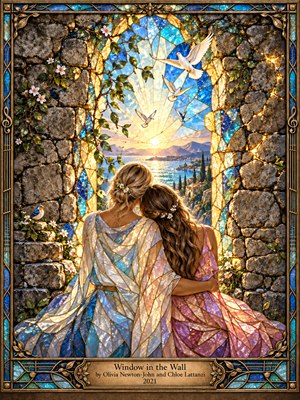 Two women embrace before a radiant stained-glass arch overlooking a sunlit sea and distant mountains. White doves soar through golden light as flowering vines soften weathered stone. Jewel-toned blues, pinks, and amber illuminate their flowing gowns, while an ornate bronze frame and engraved title plate complete the peaceful, hopeful composition.