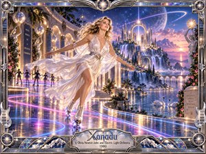 A radiant woman in flowing white glides across a mirrored neon plaza toward a fantastical palace above shimmering waterfalls. Violet skies, golden arches, distant skaters, and celestial lights create a joyful, dreamlike atmosphere. Electric pink and blue reflections sweep through the intricate digital artwork, enclosed by an ornate chrome frame.