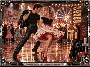 A flirtatious couple dances beneath glowing carnival lights in a nostalgic 1950s celebration. Black leather, swirling polka dots, and red heels energize the reflective dance floor. Golden spotlights illuminate a Ferris wheel, jukebox, and lively dancers. Cinematic photography captures romantic excitement, enclosed by an ornate chrome musical frame.