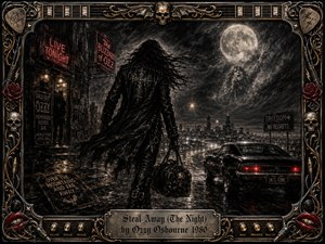 A lone leather-clad rocker strides through a rain-slicked nighttime city beneath a glowing full moon, carrying a skull-adorned bag beside a black muscle car. Deep charcoal textures, smoky shadows, red neon, and metallic gold accents create a rebellious, cinematic mood, framed by ornate guitars, roses, skulls, cables, and amplifier details.