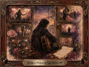 A solitary guitarist sits among fading memories framed in dark rosewood and ornate gold, surrounded by roses, vinyl records, handwritten pages, and ghostlike scenes of love and performance. Warm amber, mauve, and sepia tones glow beneath soft evening light, creating a richly textured, painterly atmosphere of tenderness, reflection, and bittersweet farewell.