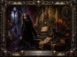 Ozzy Osbourne stands beside an ornate pipe organ in a shadowy Gothic chamber, surrounded by candles, occult manuscripts, a black raven, skulls, and antique portraits. Deep blacks, crimson drapery, bronze-gold details, and moonlit violet haze create a sinister, mystical atmosphere, framed by elaborate guitars, roses, piano keys, and engraved metalwork.